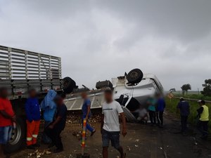 Caminhão transportando inhame tomba na BR-101