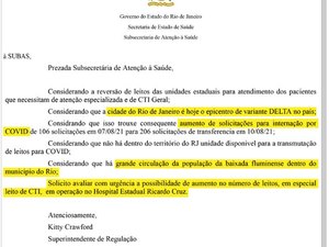 Saúde do RJ diz que capital é epicentro da variante delta e pede mais leitos