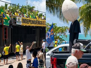 Manifestantes levam boneco com cabeça de ovo para protesto na orla de Maceió