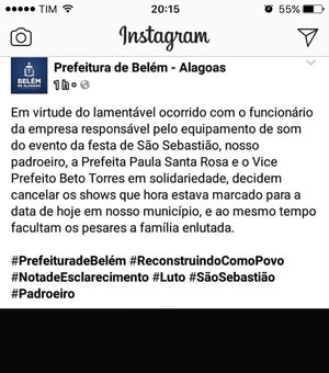 Prefeitura decide cancelar festa do padroeiro após homem morrer eletrocutado