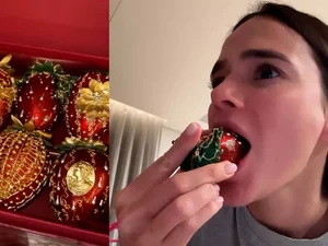 Bruna Marquezine prova morango do amor de R$ 2 mil: 'Da até dó de comer'