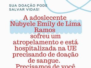 Jovem atropelada no último sábado (12) em Palmeira precisa de doação de sangue