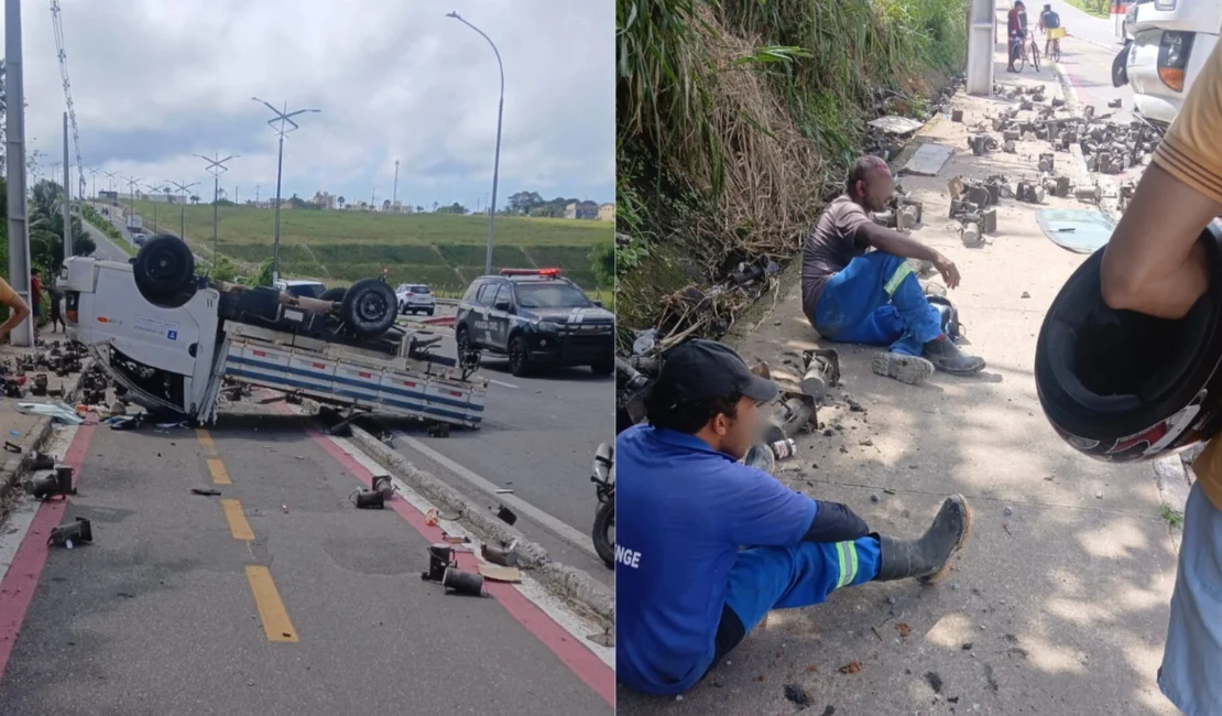 Caminhão capota e deixa trabalhadores feridos na Avenida Josefa de Melo, em Maceió