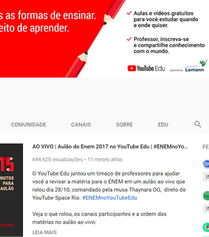 YouTube transmitirá aula preparatória para o Enem 2018 no próximo sábado (27)