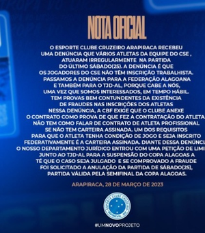 Cruzeiro denuncia irregularidades no time CSE e pede suspensão da Copa Alagoas