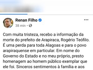 ‘É uma perda para toda Alagoas’ afirma Renan Filho sobre morte de Teófilo