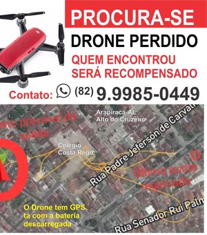 Dono oferece recompensa para quem encontrar drone perdido 