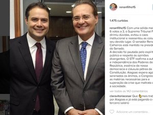 Renan Filho utiliza redes sociais para comemorar permanência do pai na presidência do Senado