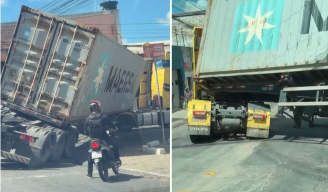 [Vídeo] Carreta quase tomba e deixa Av. Rio Branco interditada em Arapiraca