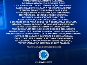 Cruzeiro denuncia irregularidades no time CSE e pede suspensão da Copa Alagoas