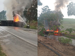 [Vídeo] Caminhão tomba, pega fogo e motorista sofre apenas arranhões em São José da Laje