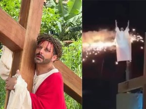 Figurino de Henri Castelli pega fogo durante encenação de 'A Paixão de Cristo'
