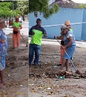 [Vídeo] Mulher ameaça garis com facão durante briga por descarte de lixo