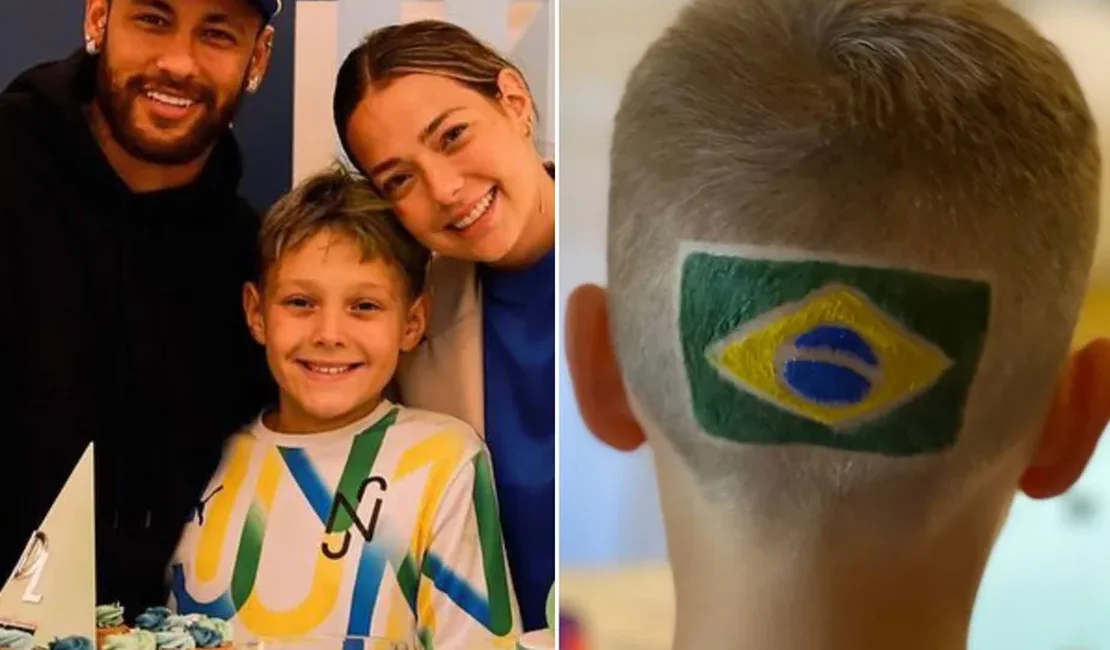 Filho de Neymar pinta a bandeira do Brasil na cabeça para assistir ao jogo da Seleção