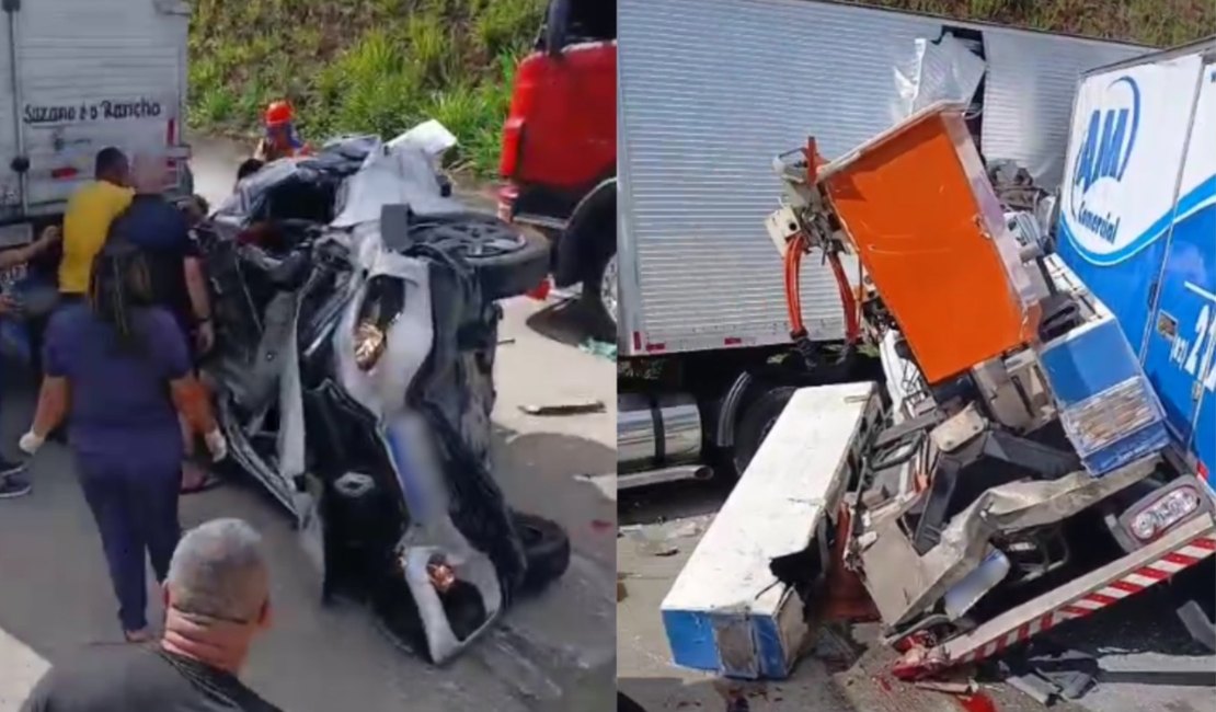 [Vídeo] Colisão entre carreta, caminhão e carro faz vítimas em Joaquim Gomes; veículo foi esmagado