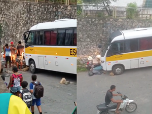 Ônibus escolar desce ladeira sem motorista e assusta moradores em Ipioca