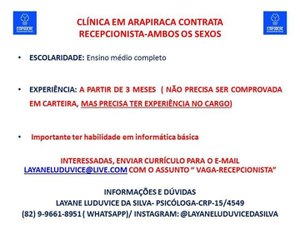 Clínica seleciona recepcionista em Arapiraca