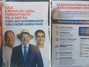 Após vídeo, panfleto associando JHC a Lula é distribuído em cidades do sertão alagoano