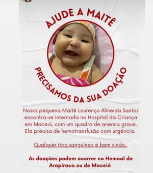 Bebê internada em Maceió precisa urgente de doação de sangue