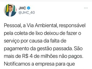 JHC afirma que coleta de lixo na capital foi prejudicada pela falta de pagamento da gestão anterior
