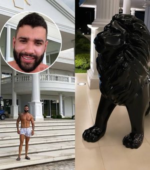 Gusttavo Lima mostra escultura gigante de leão de R$ 44 mil em sua mansão