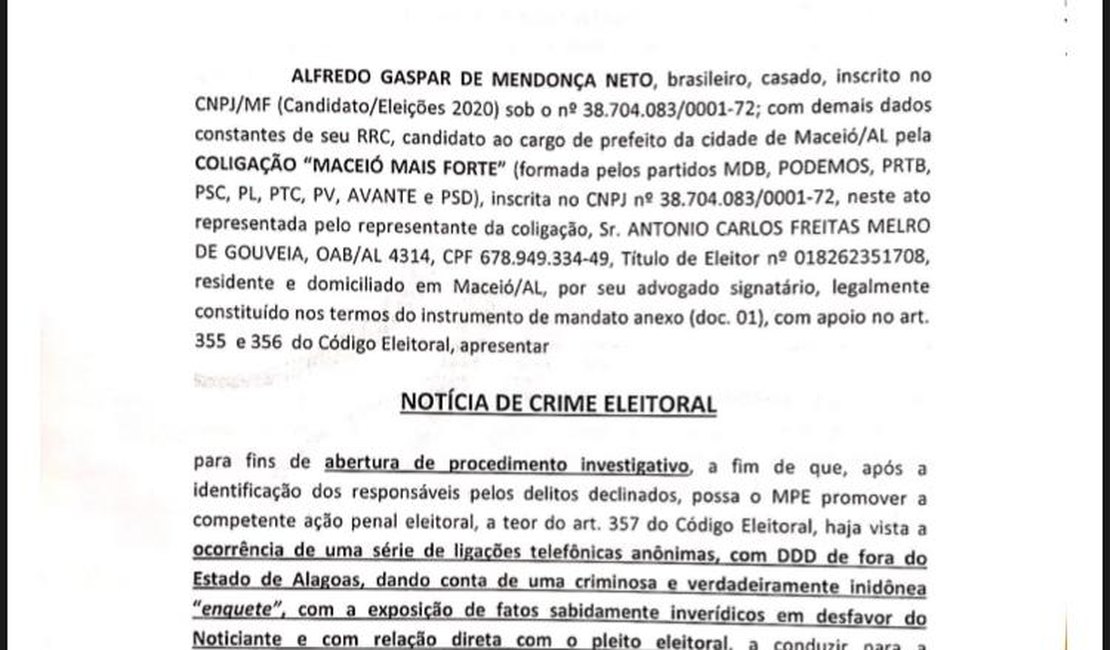 Alfredo Gaspar pede que PF investigue pesquisa por telefone com ataques a sua candidatura