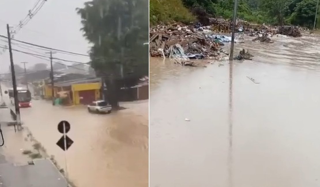 Fortes chuvas deixam ruas e avenidas alagadas e dificultam trânsito em Maceió