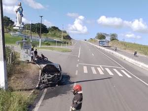 Carro fica destruído após pegar fogo em frente à entrada de Limoeiro de Anadia, na AL-220