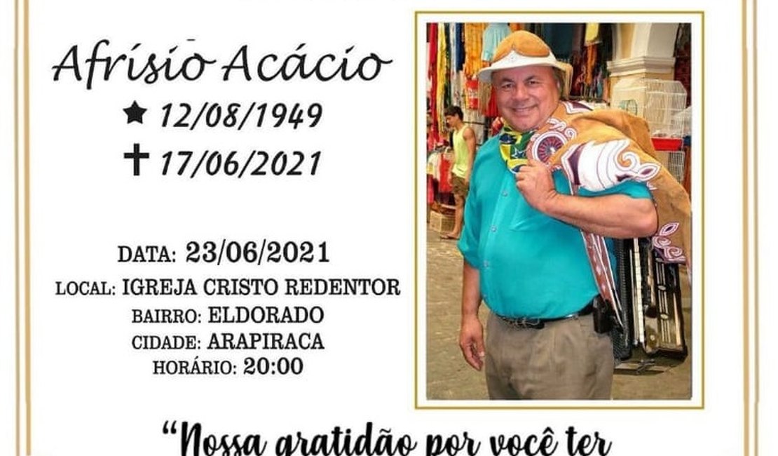 Missa de 7º dia do Mestre Afrísio Acácio será celebrada nesta quarta-feira em Arapiraca