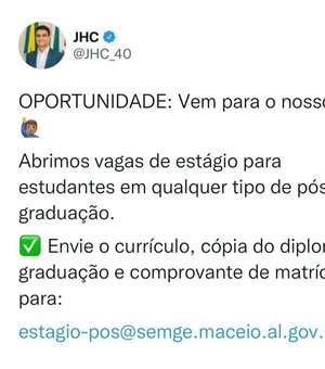 JHC anuncia vagas de estágios para pós-graduação em Maceió