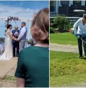 Vizinha “destrói” casamento ao cortar grama em meio à cerimônia; vídeo