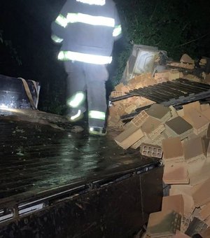 Ao desviar de buracos, motorista tomba caminhão carregado com tijolos na BR 423, no Sertão de Alagoas
