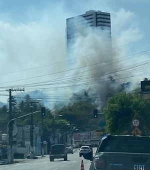 Incêndio em vegetação assusta população e fumaça encobre prédio, em Maceió