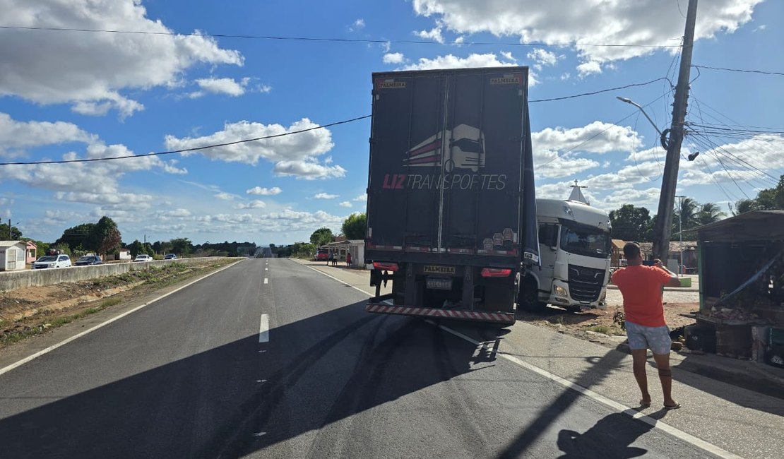 Motorista de carreta tenta evitar colisão, sai da pista e bate em poste em Porto Real do Colégio