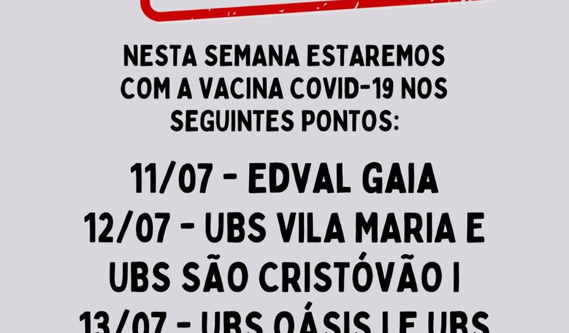 Confira os pontos de vacinação contra a Covid-19 nesta semana em Palmeira dos Índios