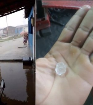 Moradores registram ruas alagadas e chuva de granizo em Cajueiro