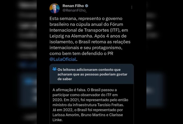 Ministério dos Transportes rebate suposta informação ‘fake’ publicada por Renan Filho no twitter