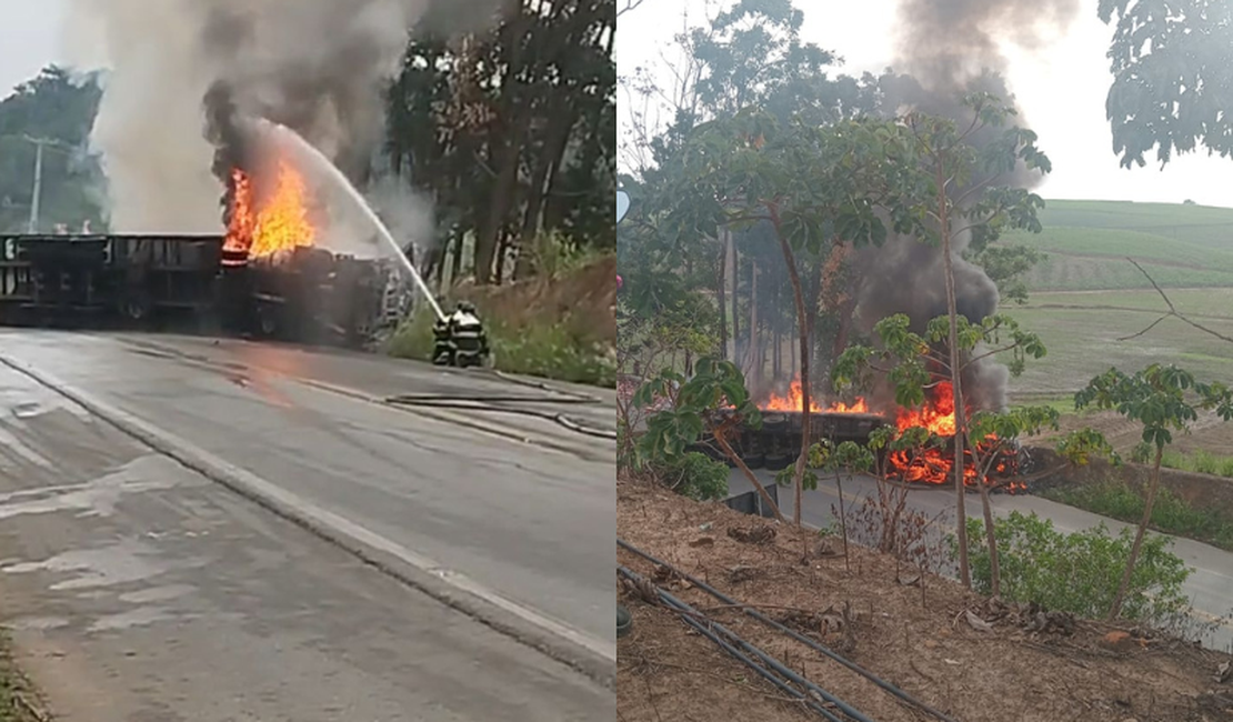 [Vídeo] Caminhão tomba, pega fogo e motorista sofre apenas arranhões em São José da Laje