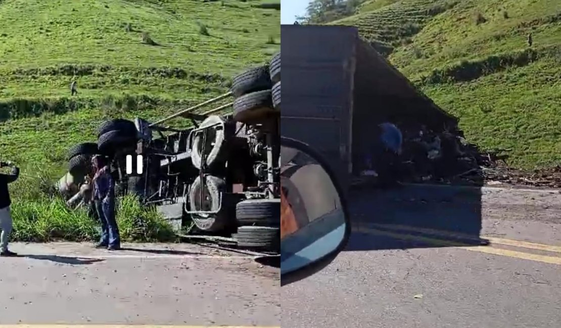 [Vídeo] Carreta tomba e deixa via interditada na BR-316, em Maribondo