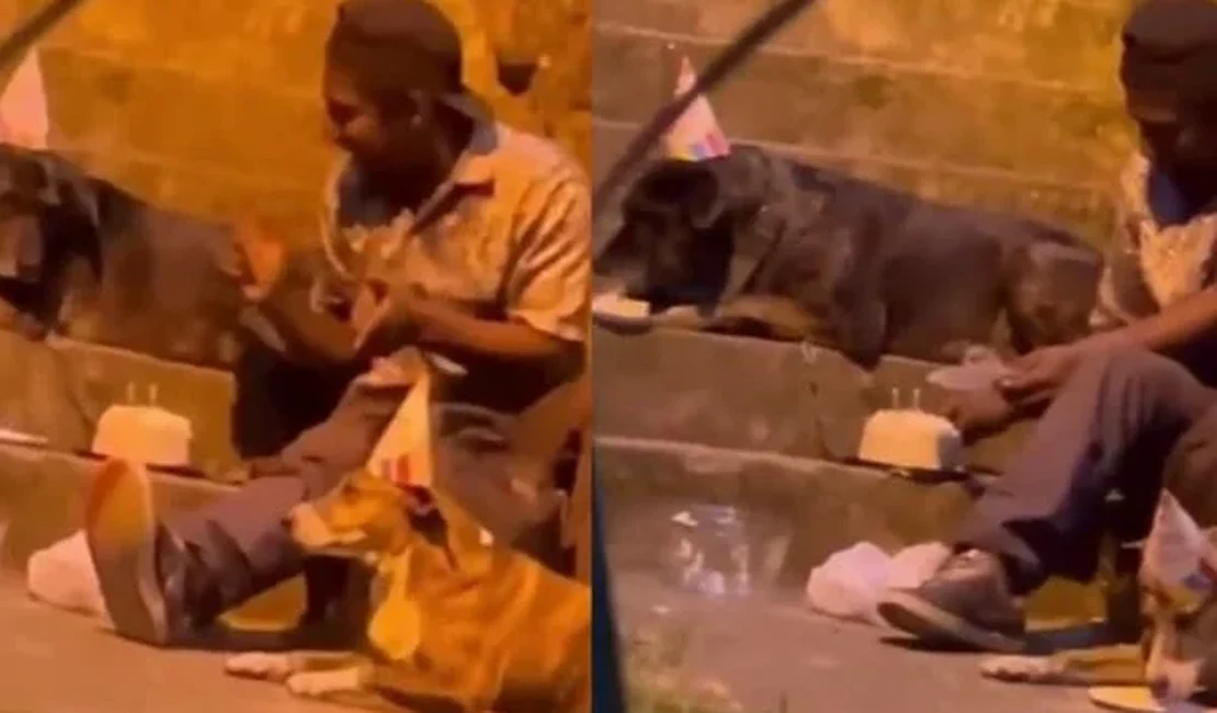 Vídeo: morador de rua canta parabéns com cães, divide bolo e emociona