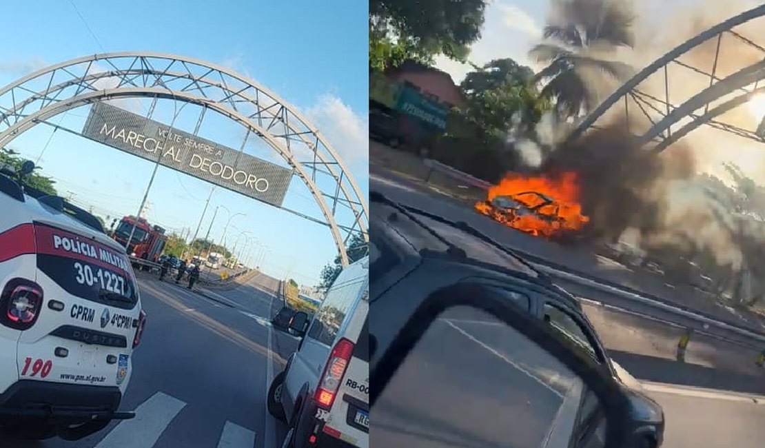 Carro com GNV pega fogo na Ponte Divaldo Suruagy; bombeiros são acionados