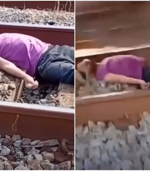 Homem deita em trilho e trem passa por cima dele em trend viral