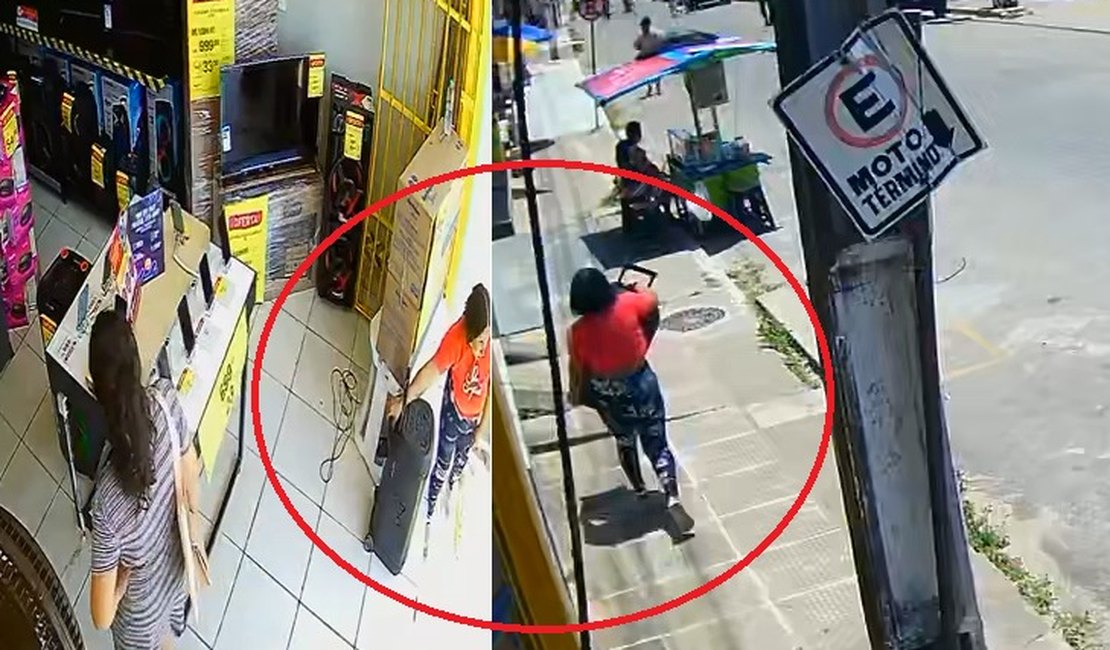 Mulher furta caixa de som de loja no Centro de Coruripe e sai caminhando pela rua