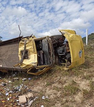 Caminhão tomba e deixa motorista em estado grave em Maribondo