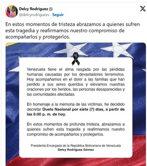Venezuela decreta luto nacional de 7 dias após terremotos