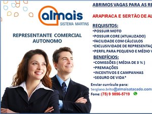 Empresa atacadista seleciona representante comercial para atuar em Arapiraca e no Sertão 