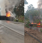 [Vídeo] Caminhão tomba, pega fogo e motorista sofre apenas arranhões em São José da Laje