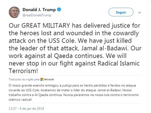 Trump anuncia morte de líder da Al Qaeda suspeito de atentado em 2000