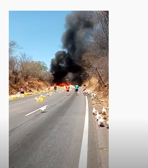 [Vídeo] Carreta perde freio, bate em caminhão e explode na BR 242