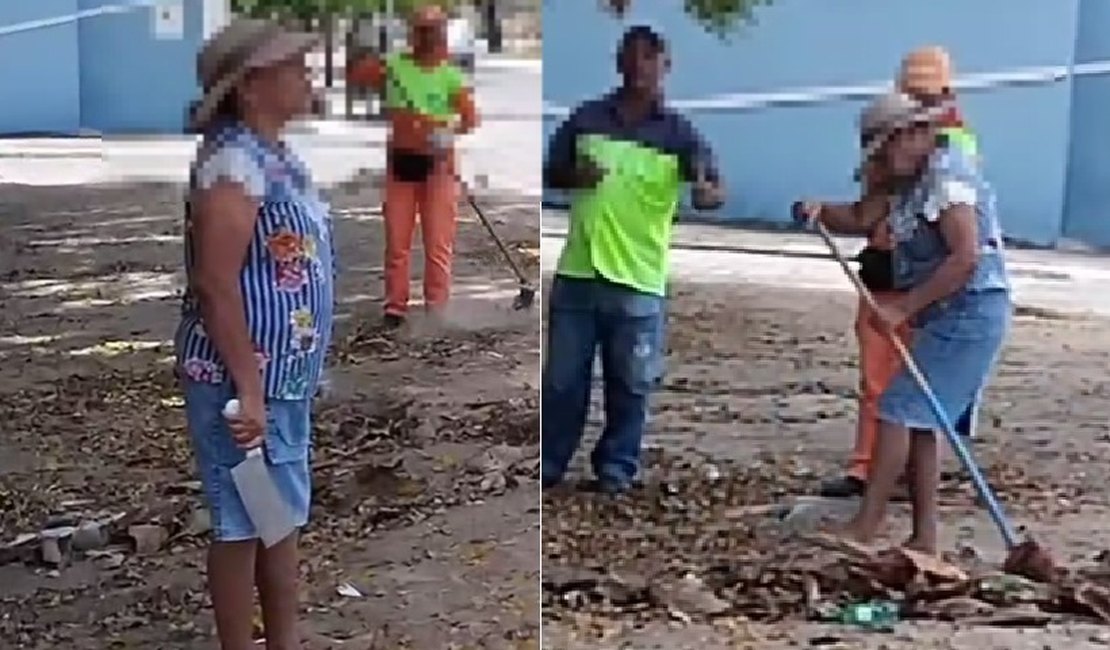 [Vídeo] Mulher ameaça garis com facão durante briga por descarte de lixo